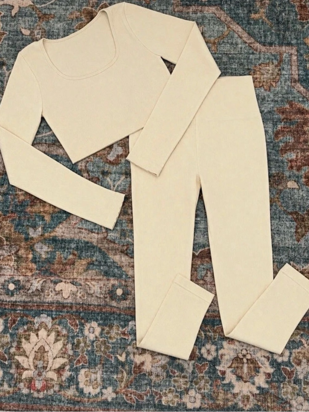 Amazon Cream Ribbed Long-Sleeve Pajama Set